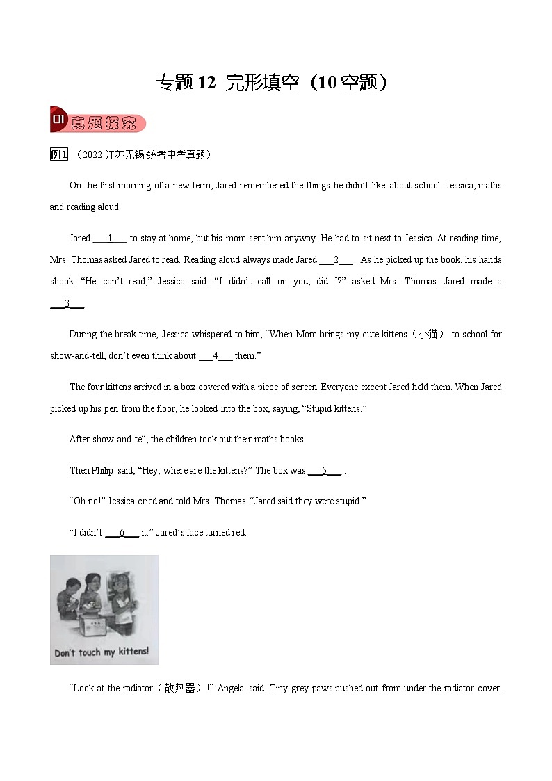专题12 完形填空(10空题)-2023年中考总复习真题探究与变式训练(江苏专用)(解析版)第1页
