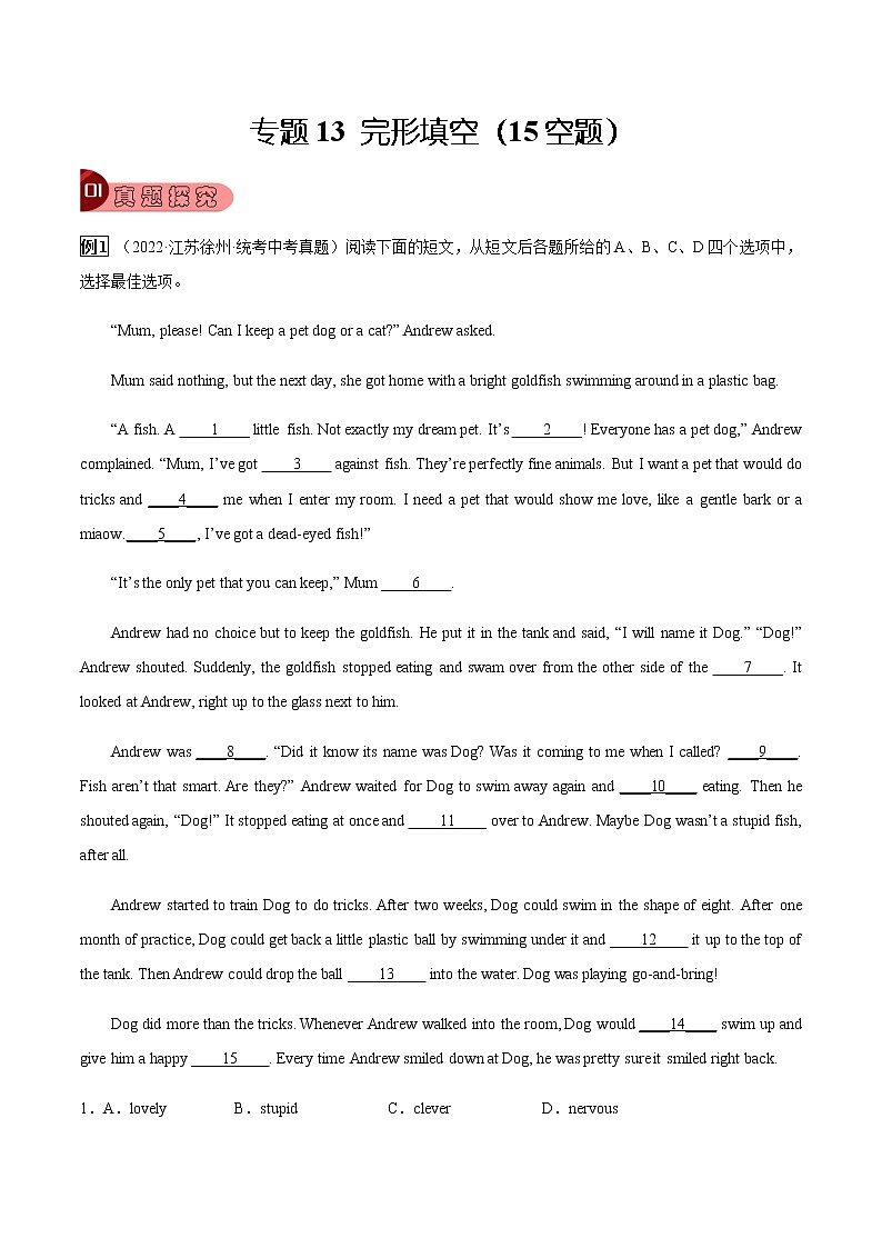 专题13 完形填空(15空题)-2023年中考总复习真题探究与变式训练(江苏专用)(解析版)第1页