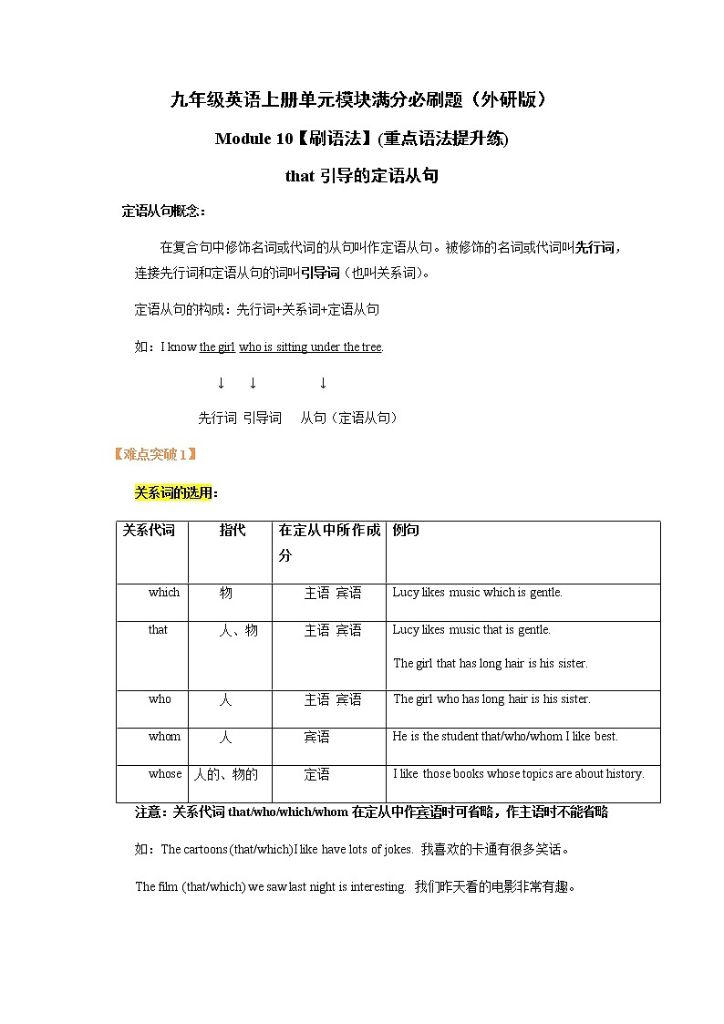 Module 10【刷语法】that引导的定语从句(重点语法提升练)-九年级英语上册单元模块满分必刷题(外研版)第1页