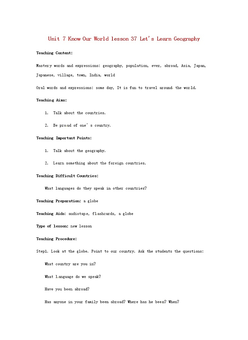 Unit 7 Lesson37 Let’s Learn Geography 教案第1页