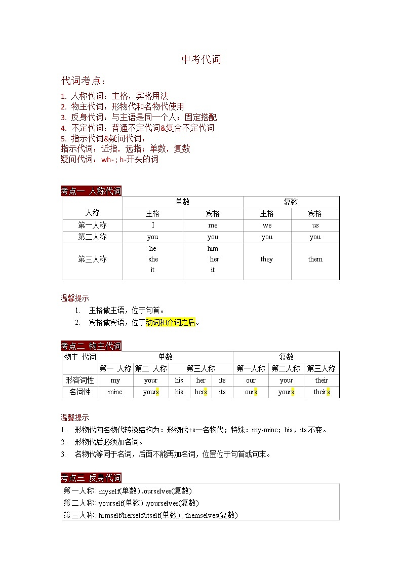 代词(含答案)——【中考二轮专题复习】2023年英语知识点专题精讲精练学案01
