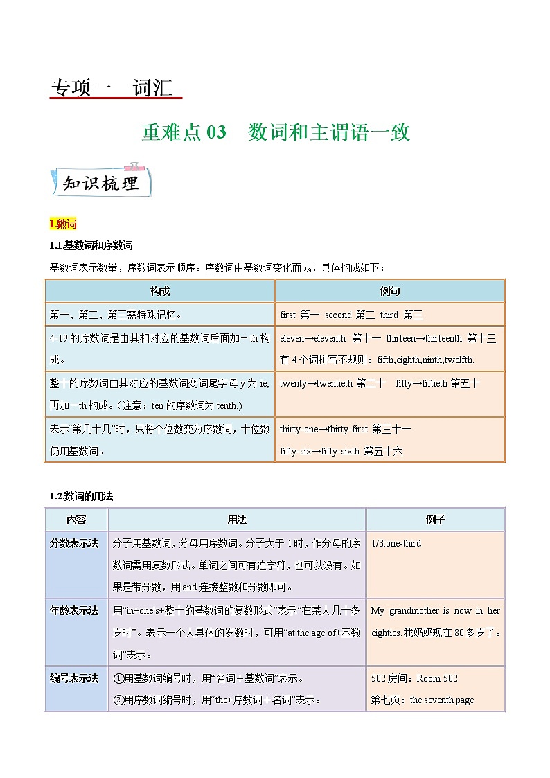 【备考2023】中考英语重难点专题特训学案(全国通用)——03 数词和主谓语一致 (原卷版)第1页
