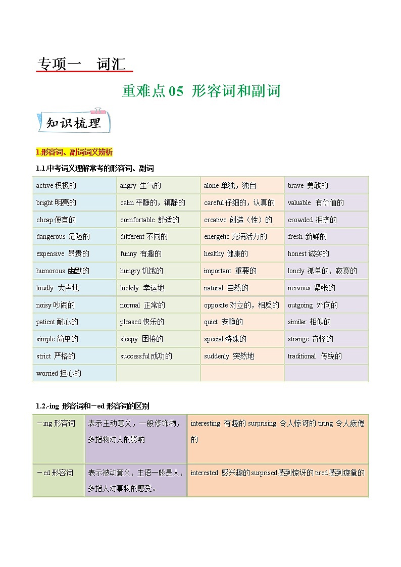 【备考2023】中考英语重难点专题特训学案(全国通用)——05 形容词和副词 (原卷版)第1页