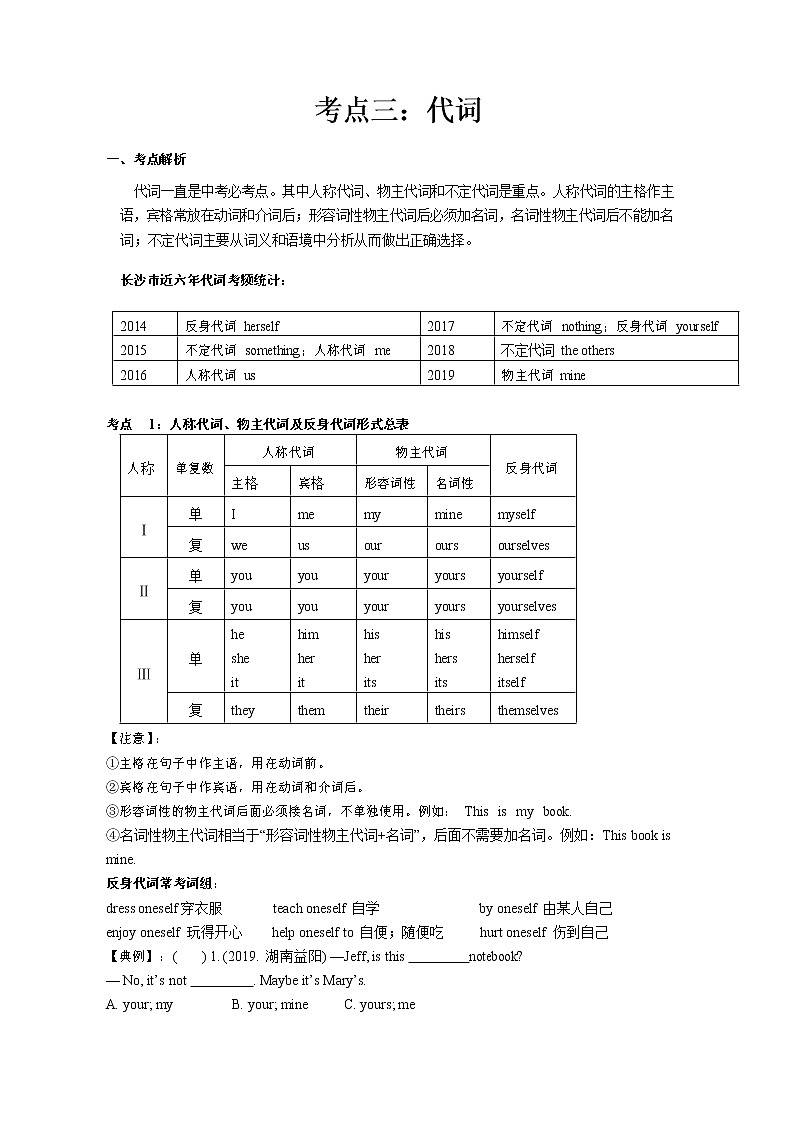【专项练习】全套专题英语中考考点三:代词专题整理(带答案)第1页