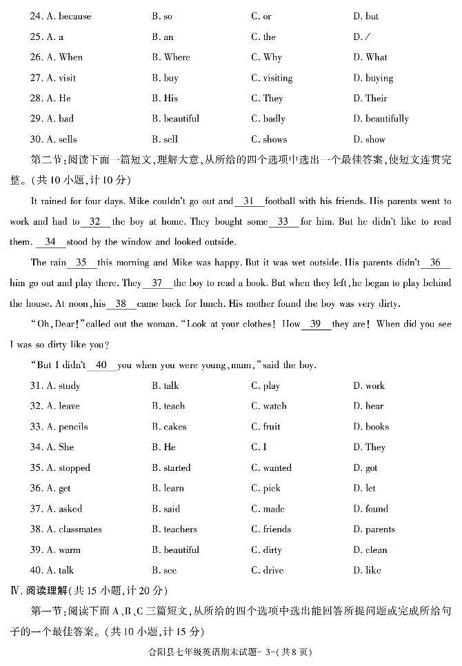 陕西省渭南市合阳县2020-2021学年七年级下学期期末考试英语试题03