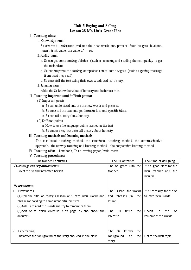 冀教版八年级下册英语 28 Ms.Liu's Great Idea 教案01