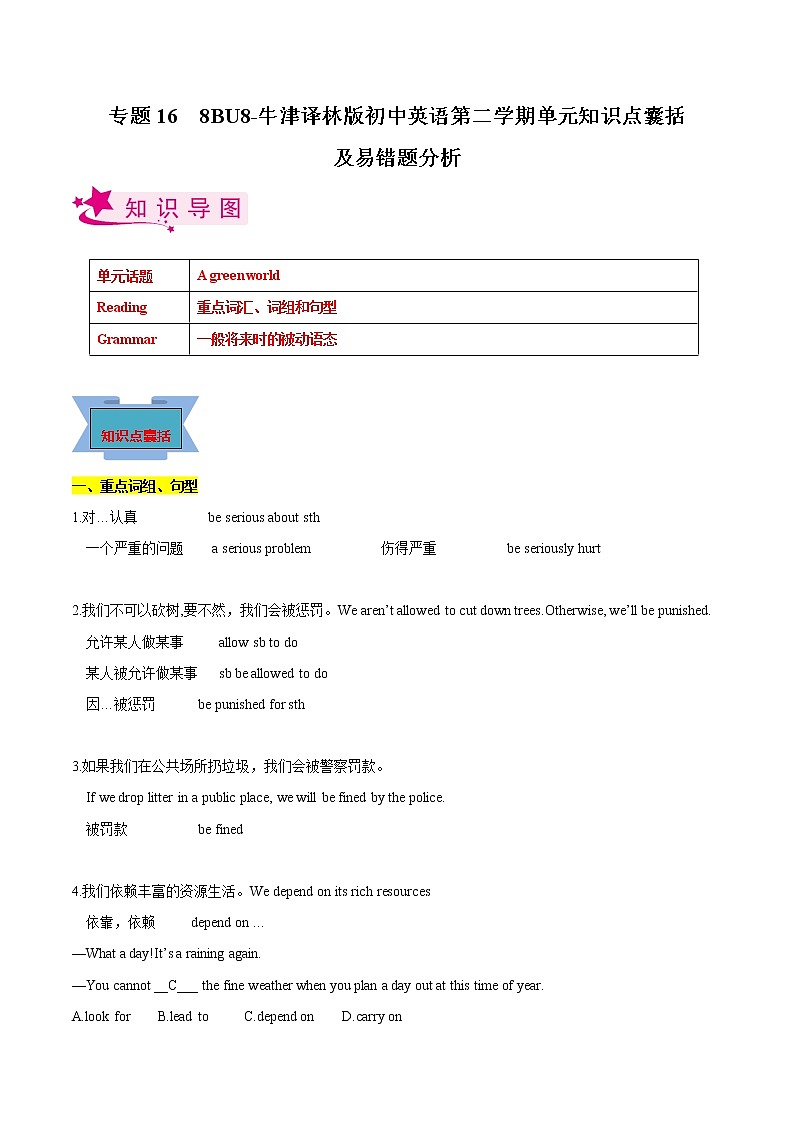 专题16 8BU8-牛津译林版初中英语第二学期单元知识点囊括及易错题分析(江苏专用)01