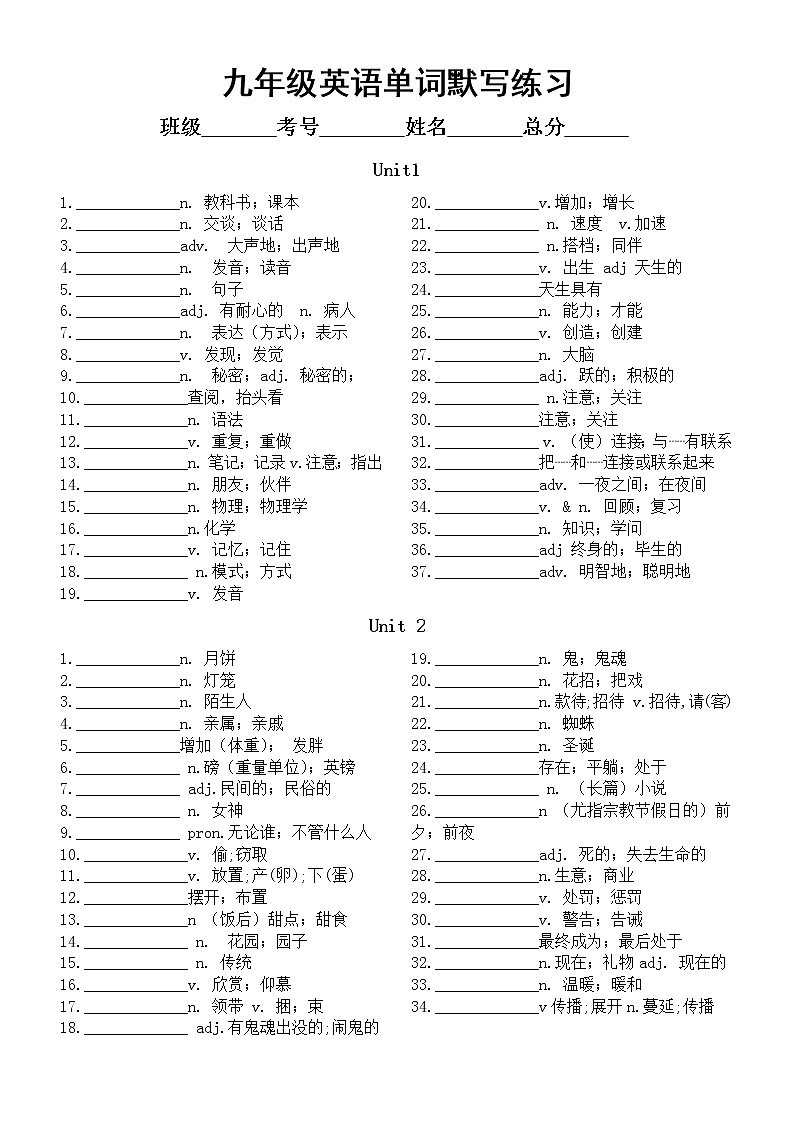 初中英語人教新目標九年級全冊單詞默寫練習（分單元編排）第1頁