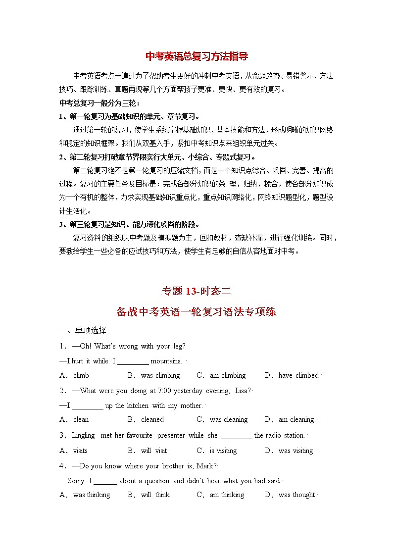 中考英语一轮语法专项练 专题13-时态二01