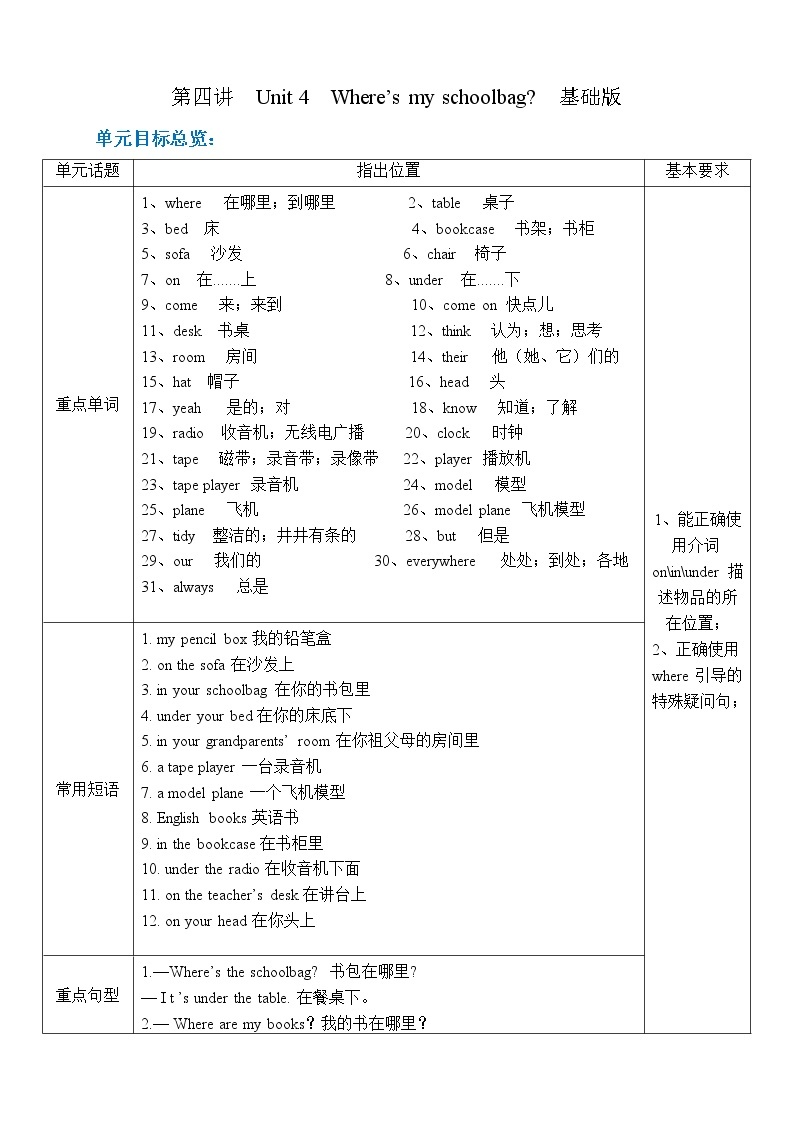 初一英语上册（秋季班）讲义  第4讲 Unit 4  Where's my schoolbag？基础版01