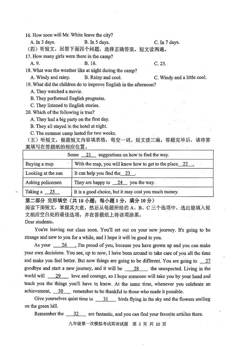 2023年山东省泰安市新泰市九年级第一次模拟考试英语试题(无答案)第2页