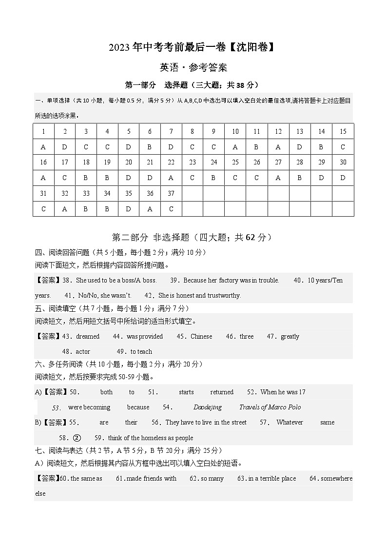 英語(遼寧沈陽卷)-【試題猜想】2023年中考考前最后一卷(參考答案)第1頁