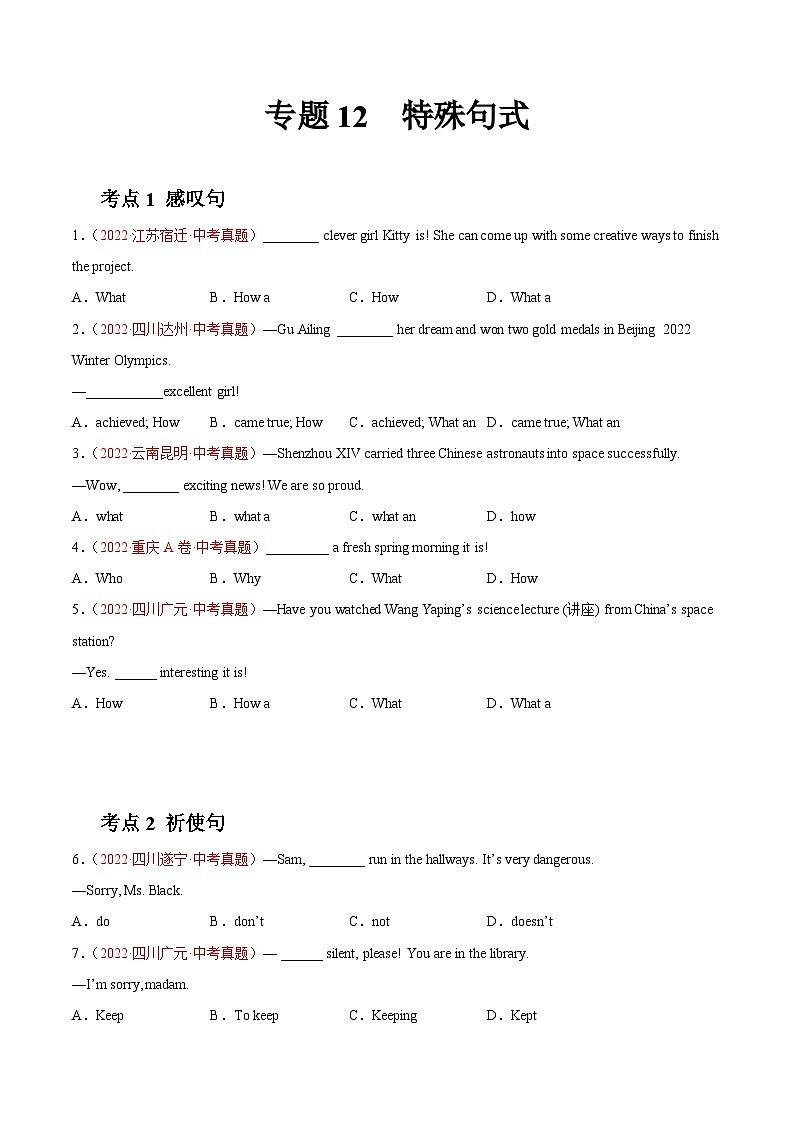 备战2023中考专题12 特殊句式-2022年中考英语真题分项汇编 (全国通用)(原卷+解析版)01