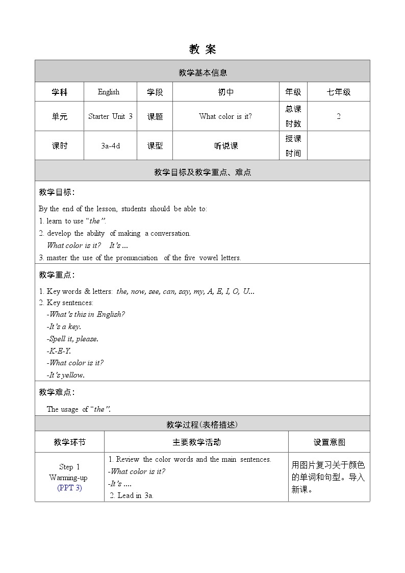 人教版七上英语  Starter Unit 3 3a-4d  课件+教案01