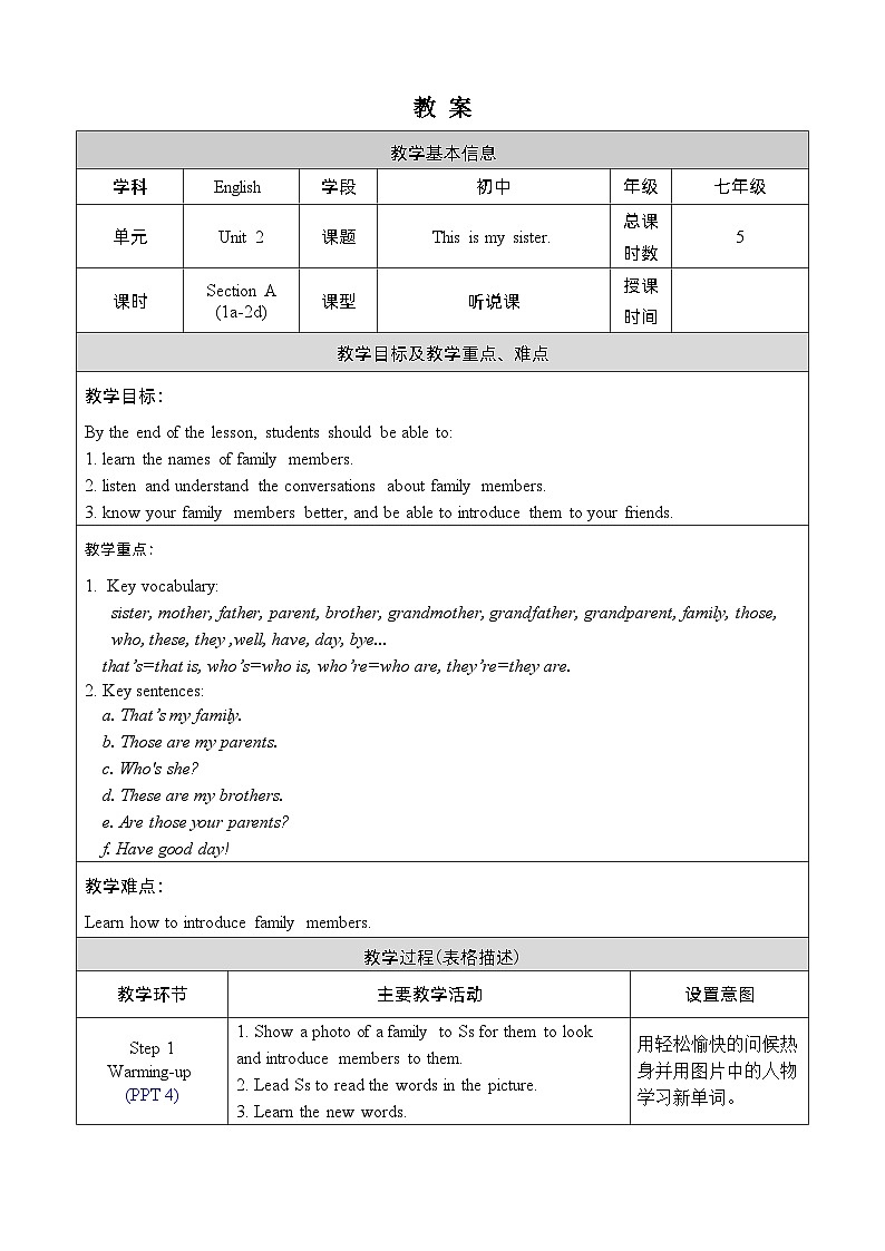 人教版七上英语 Unit 2 Section A 1a-2d 课件+教案01