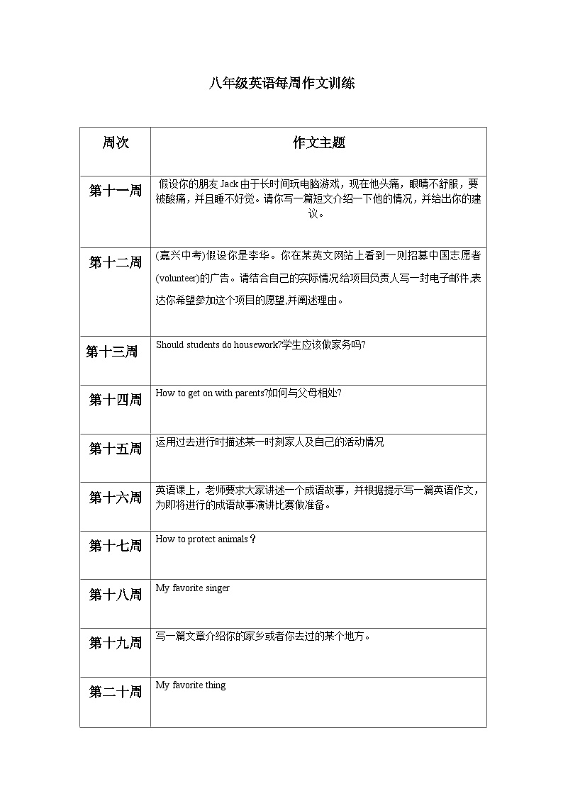 八年级英语每周作文训练