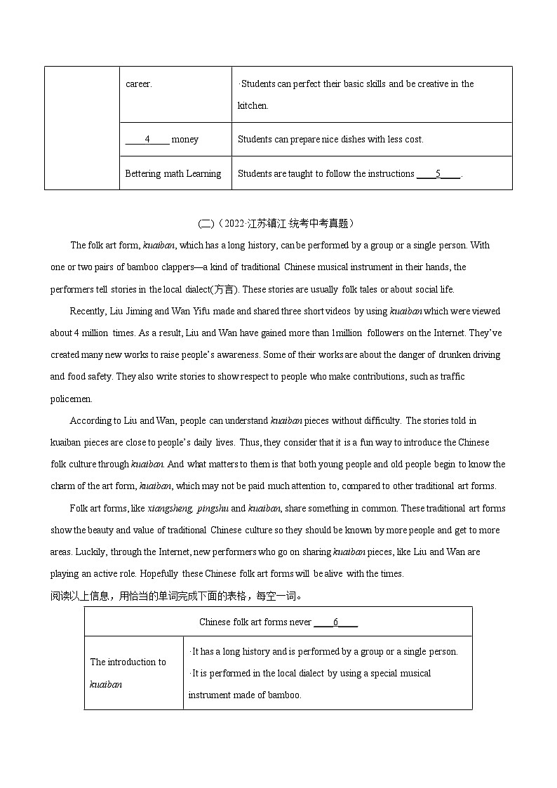 考点8 任务型阅读之阅读填表-2023届中考备考英语 试卷02