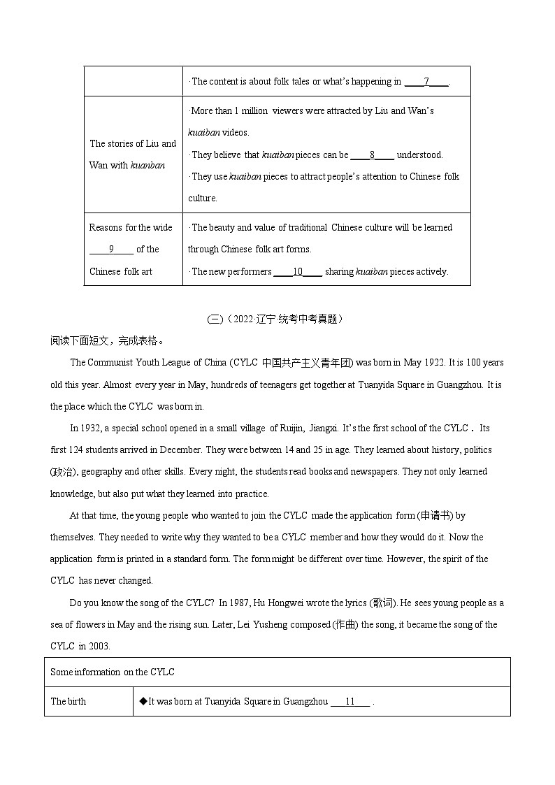 考点8 任务型阅读之阅读填表-2023届中考备考英语 试卷03