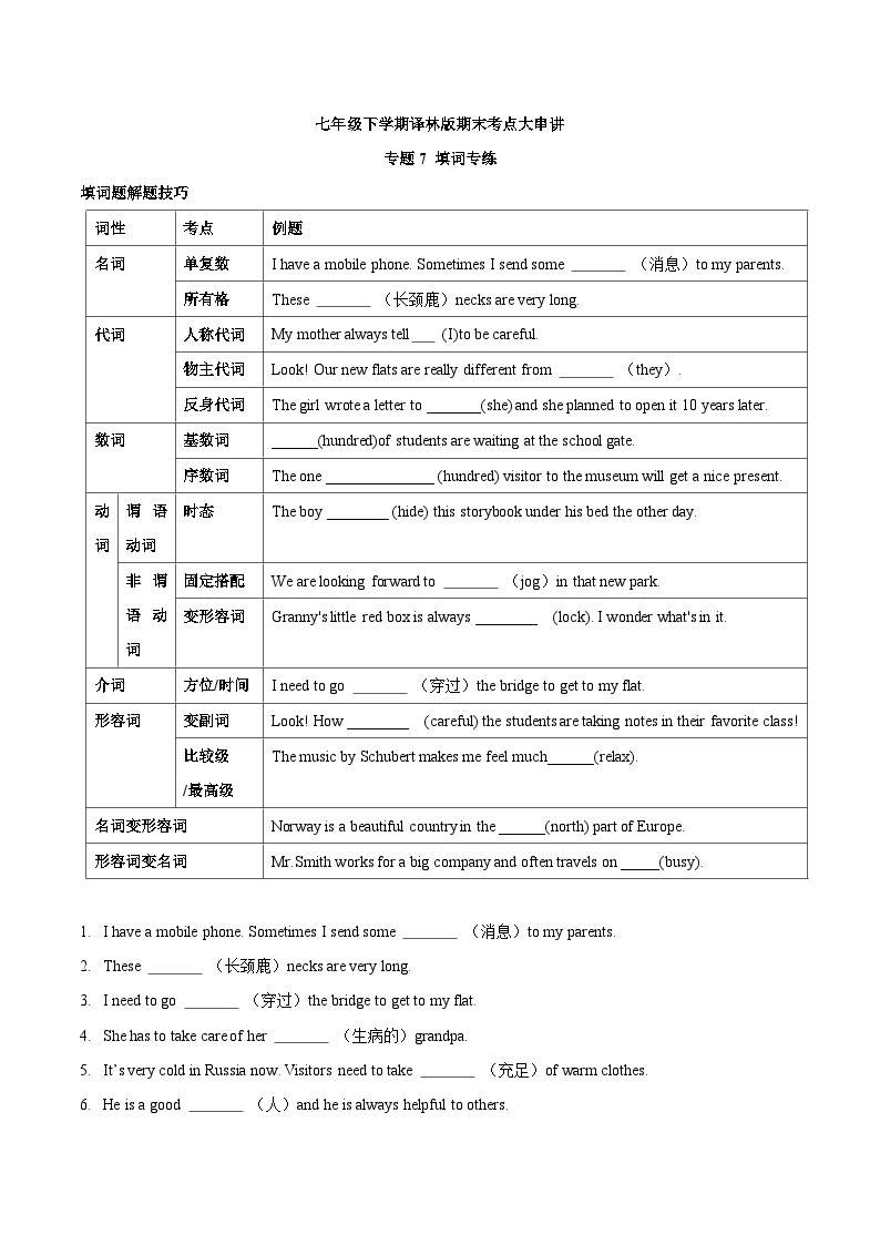 【期末考点复习】（译林版）2022-2023学年七年级英语下学期：专题7 填词（考点练习）（原卷+解析）01