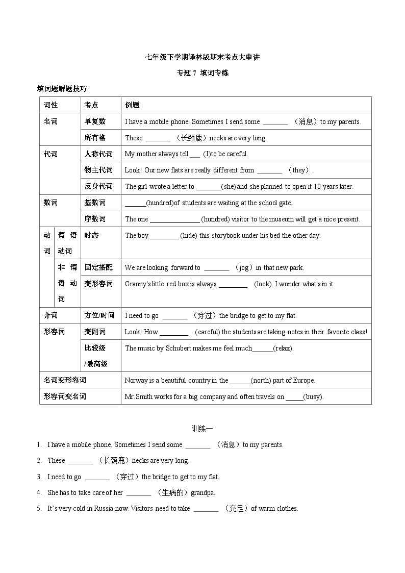 【期末考点复习】（译林版）2022-2023学年七年级英语下学期：专题7 填词（考点练习）（原卷+解析）01