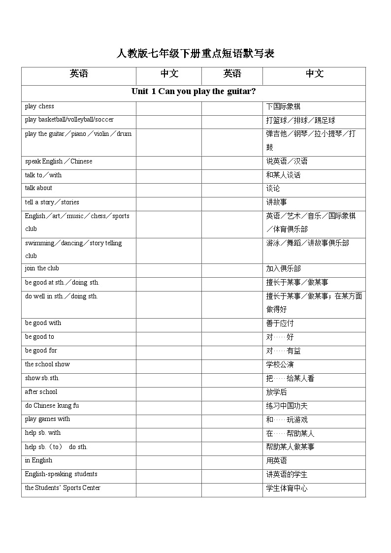 【期末满分必刷】（人教版）2022-2023学年七年级英语下学期：专题02  必考核心短语默写表01