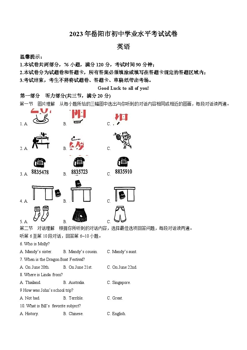 2023年湖南省岳阳市中考英语真题01
