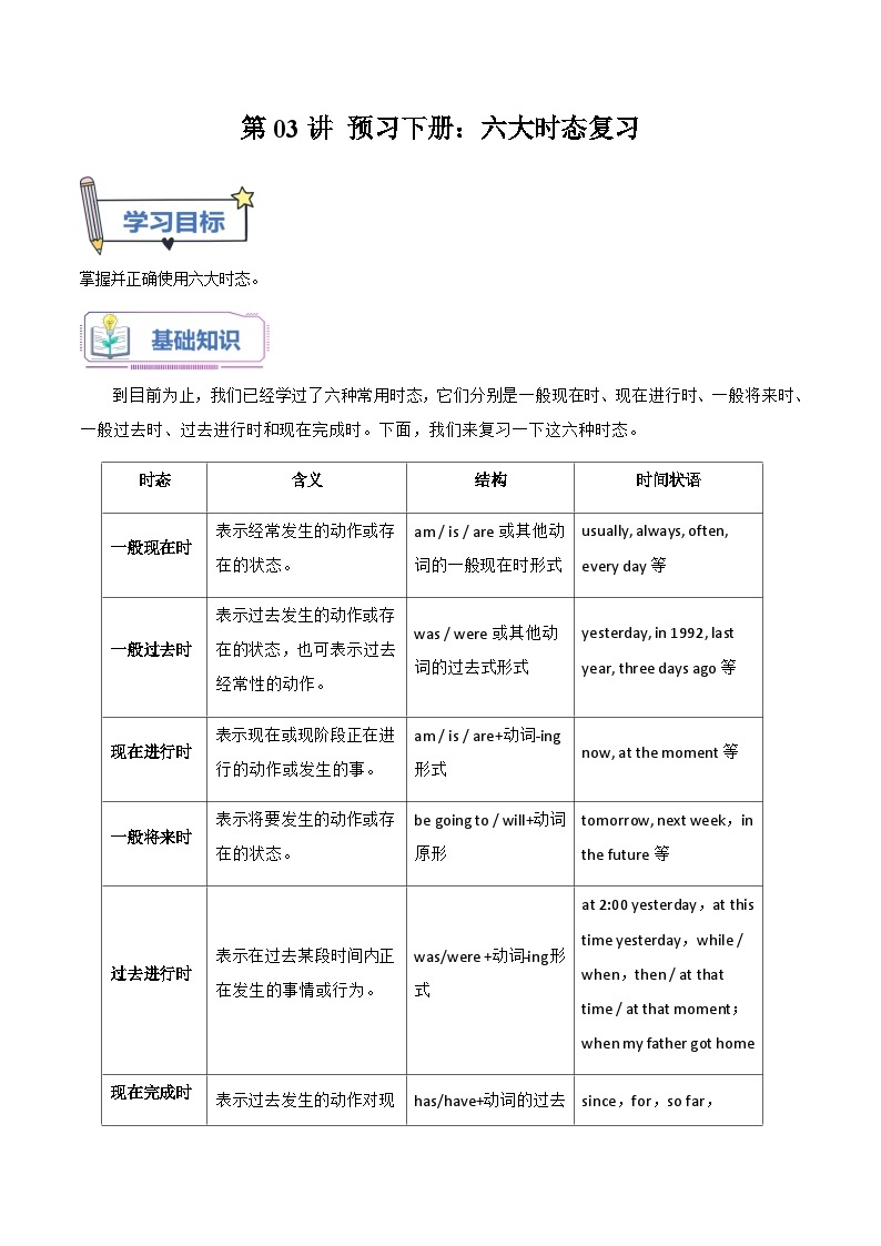 【暑假初三预备】外研版英语八年级（八升九）暑假第03讲-预习九上：六大时态复习  讲学案01