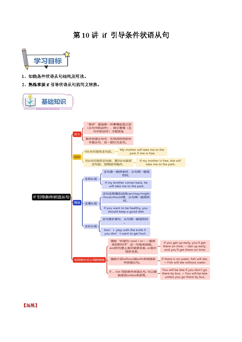 【暑假提升】人教版英语七年级（七升八）暑假 第10讲： if引导条件状语从句 讲学案01