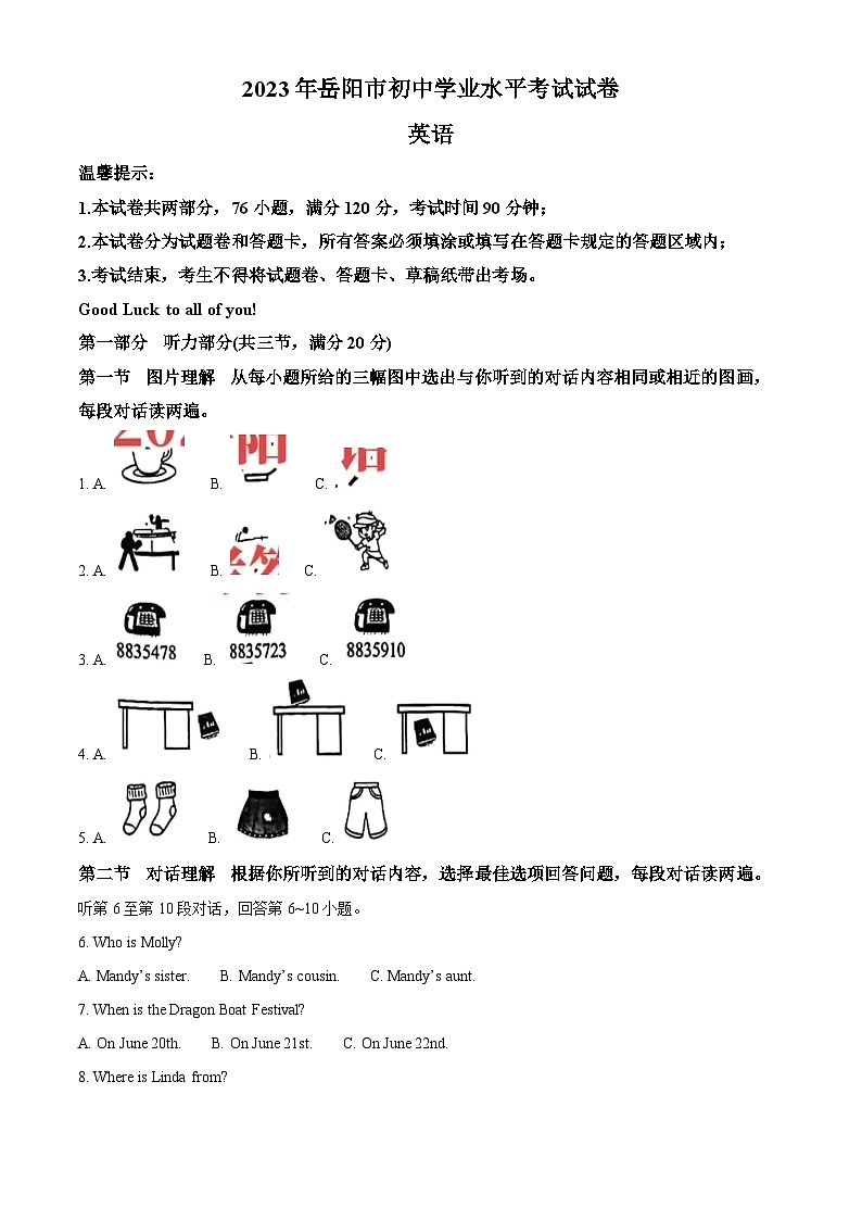 2023年湖南省岳阳市中考英语真题01