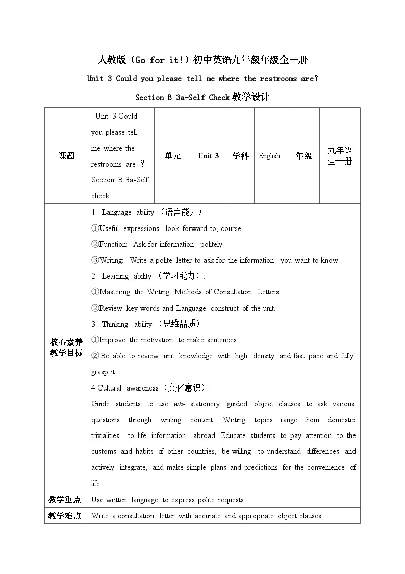 【核心素养目标】人教版初中英语九年级全册 Unit 3 Could you please tell me where the restrooms are Section B 3a-self check课件+教案+同步练习（含反思和答案）01