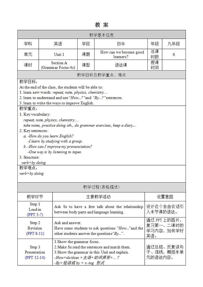 人教版英语九年级上册Unit 1 Section A Grammar Focus-4c 课件+教案01