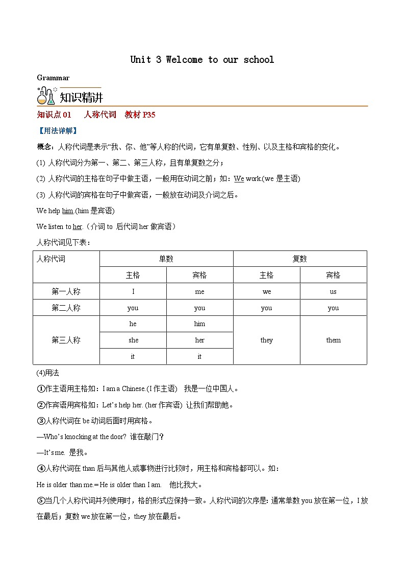 Unit 3 Welcome to our school 课时 3 Grammar-七年级英语上册同步精品讲义(牛津译林版)第1页