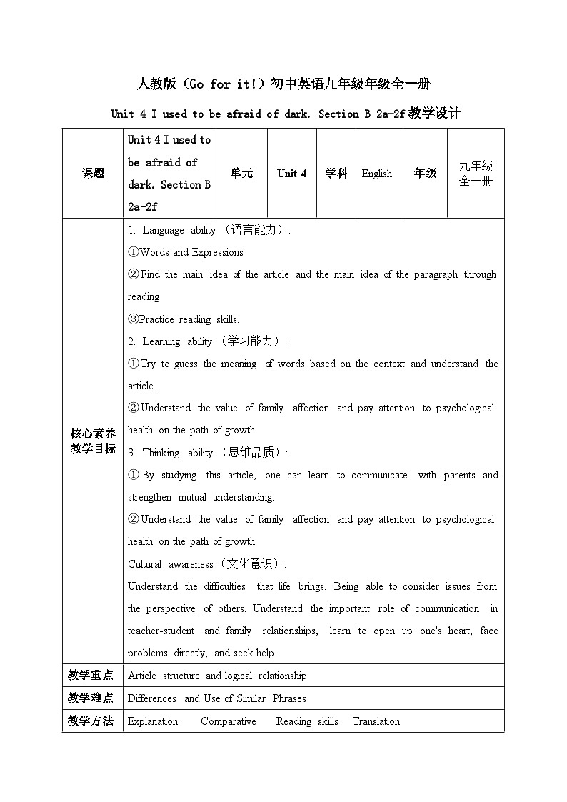 【核心素养目标】人教版初中英语九年级全册 Unit 4 I used to be afraid the dark Section B2a-2e课件+教案+同步练习(含反思和答案)01