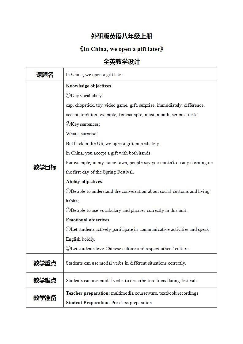 外研版英语八上Module11 Unit1 In China, we open a gift later 课件+教案+素材01