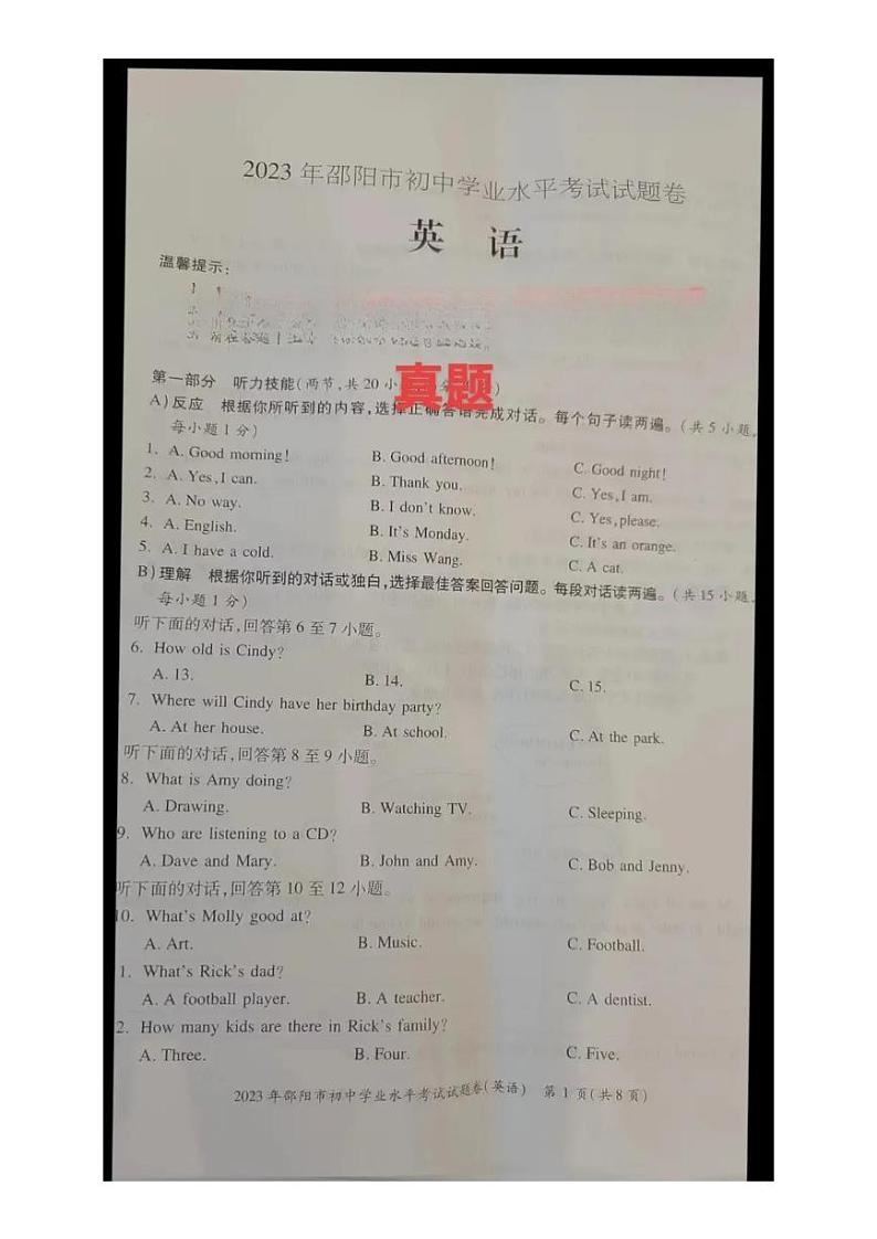 2023年湖南省邵阳市中考英语真题01