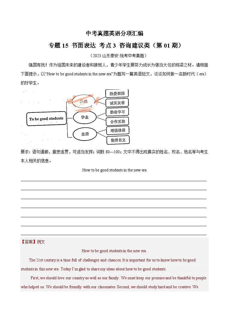 专题35 书面表达 考点3 咨询建议类(第01期)-中考英语真题分项汇编(全国通用)(解析版)第1页