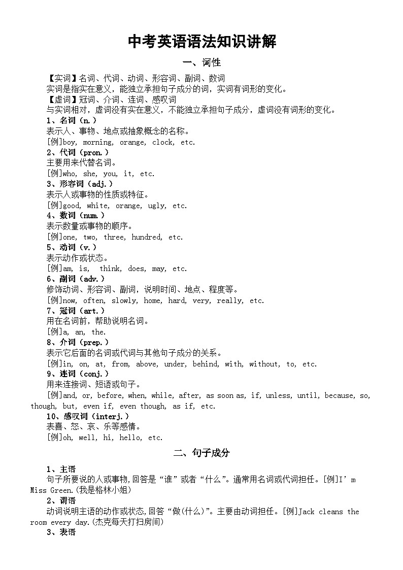 初中英语2024届中考复习语法知识讲解(词性+句子成分+句子划分+简单句结构)第1页