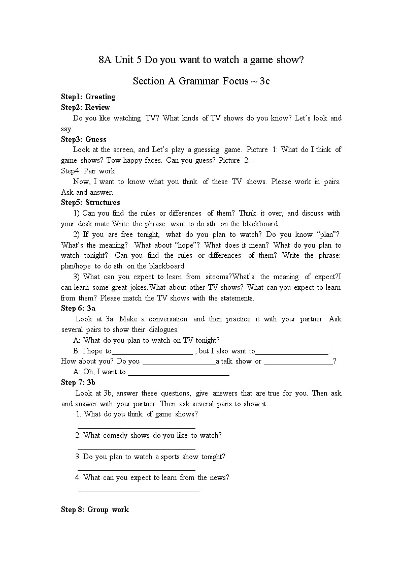 《Unit 5 Do you want to watch a game show Section A 2d-3c》教案2-八年级上册新目标英语【人教版】第1页