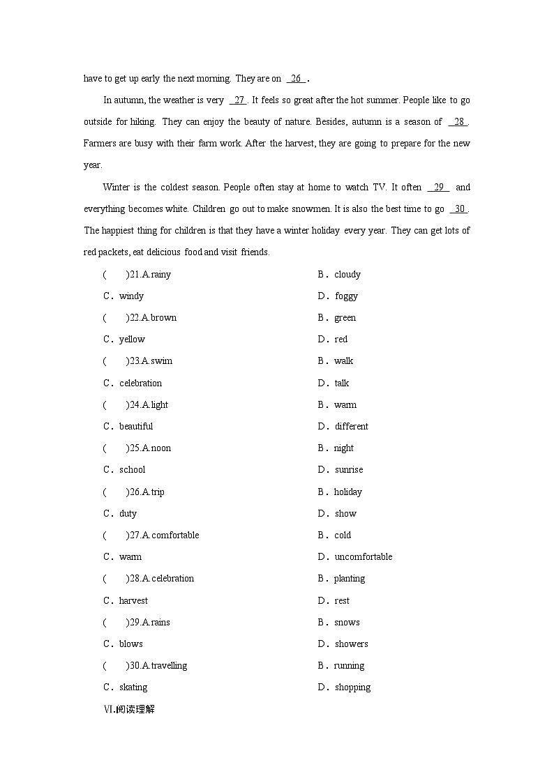 牛津译林版 初中英语 八年级上册  Unit 7 Seasons  Period 4(同步训练)(word版,含答案) 练习03
