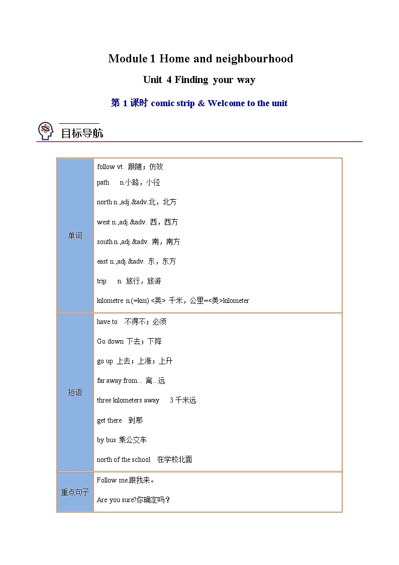【同步讲义】牛津译林版英语七年级下册-Unit4第1课时 comic strip & Welcome to the unit 讲义(知识精讲+同步练习)(教师版)第1页