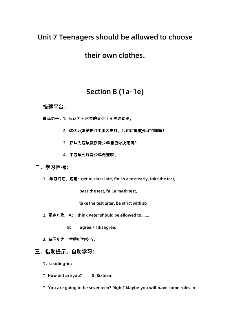 《Unit 7 Teenagers should be allowed to choose their own clothesSection B 1a-1e》教案设计6-九年级全一册英语【人教新目标版01