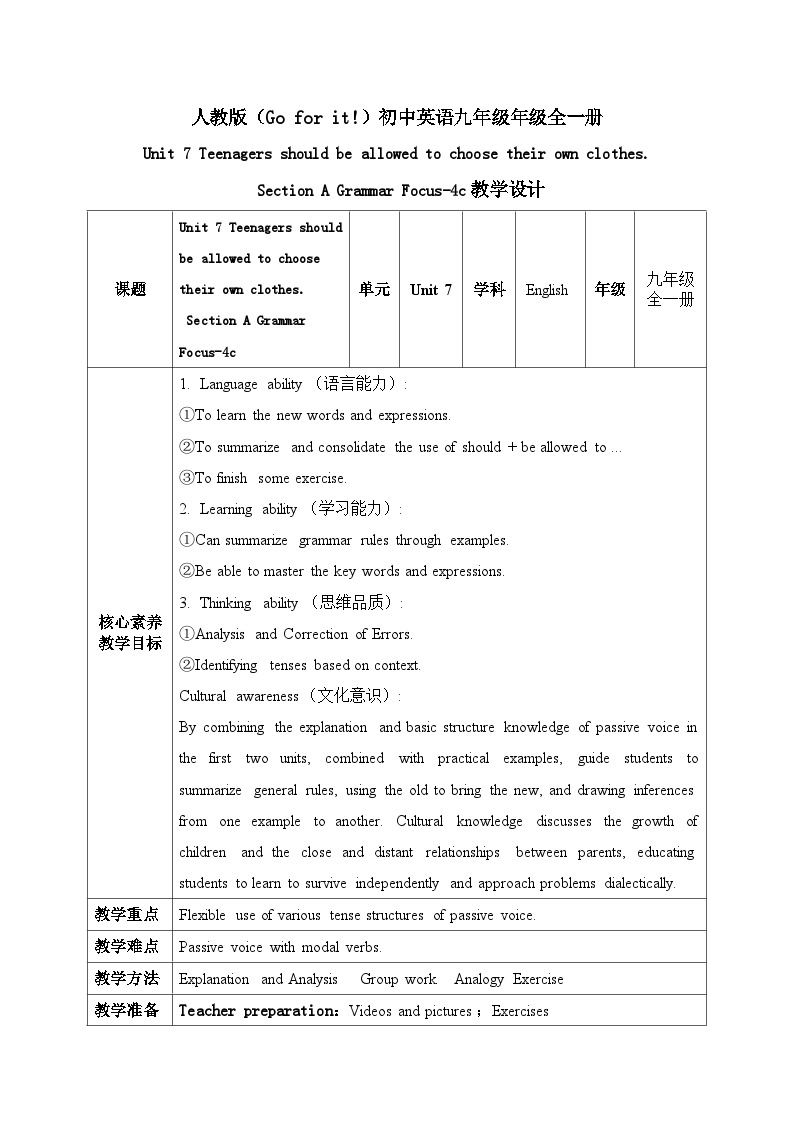 【核心素养目标】人教版初中英语九年级全册 Unit 7 Teenagers should be allowed to choose their own clothes Section A Grammar 课件+教案+同步练习（含反思和答案）01