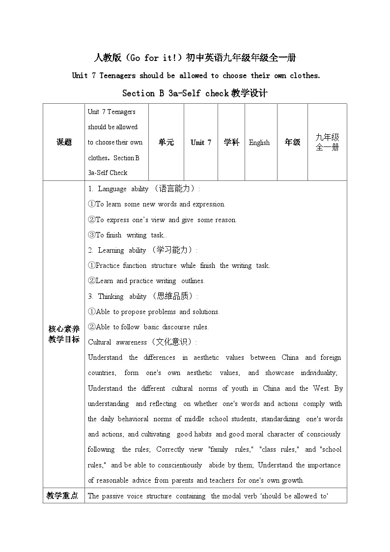 【核心素养目标】人教版初中英语九年级全册 Unit 7 Teenagers should be allowed to choose their own clothes Section B 3a-Self Check 课件+教案+同步练习（含反思和答案）01