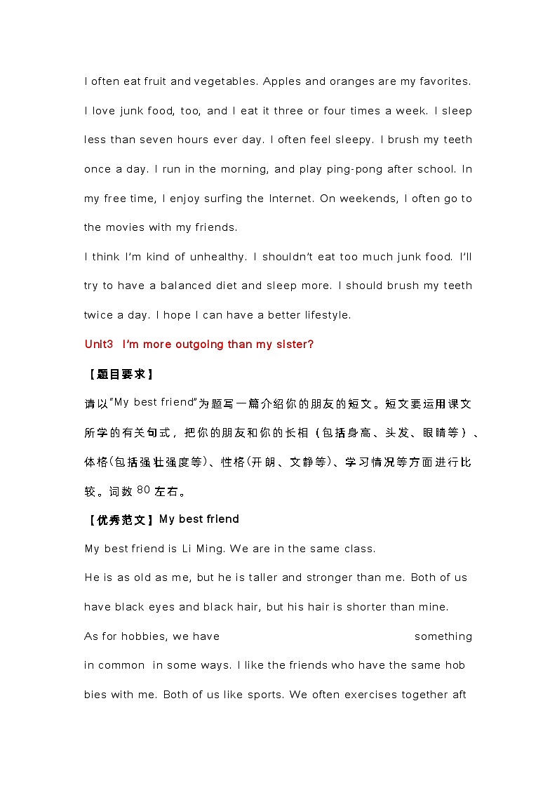 初二英语上册:Unit 1~10话题作文第2页