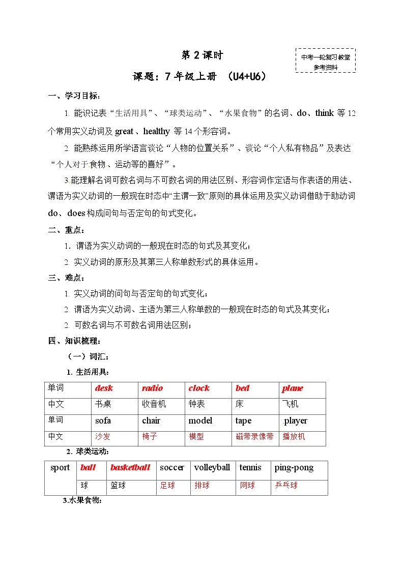 中考英语（人教新课标）一轮复习教案：七年级上册Unit 4-601