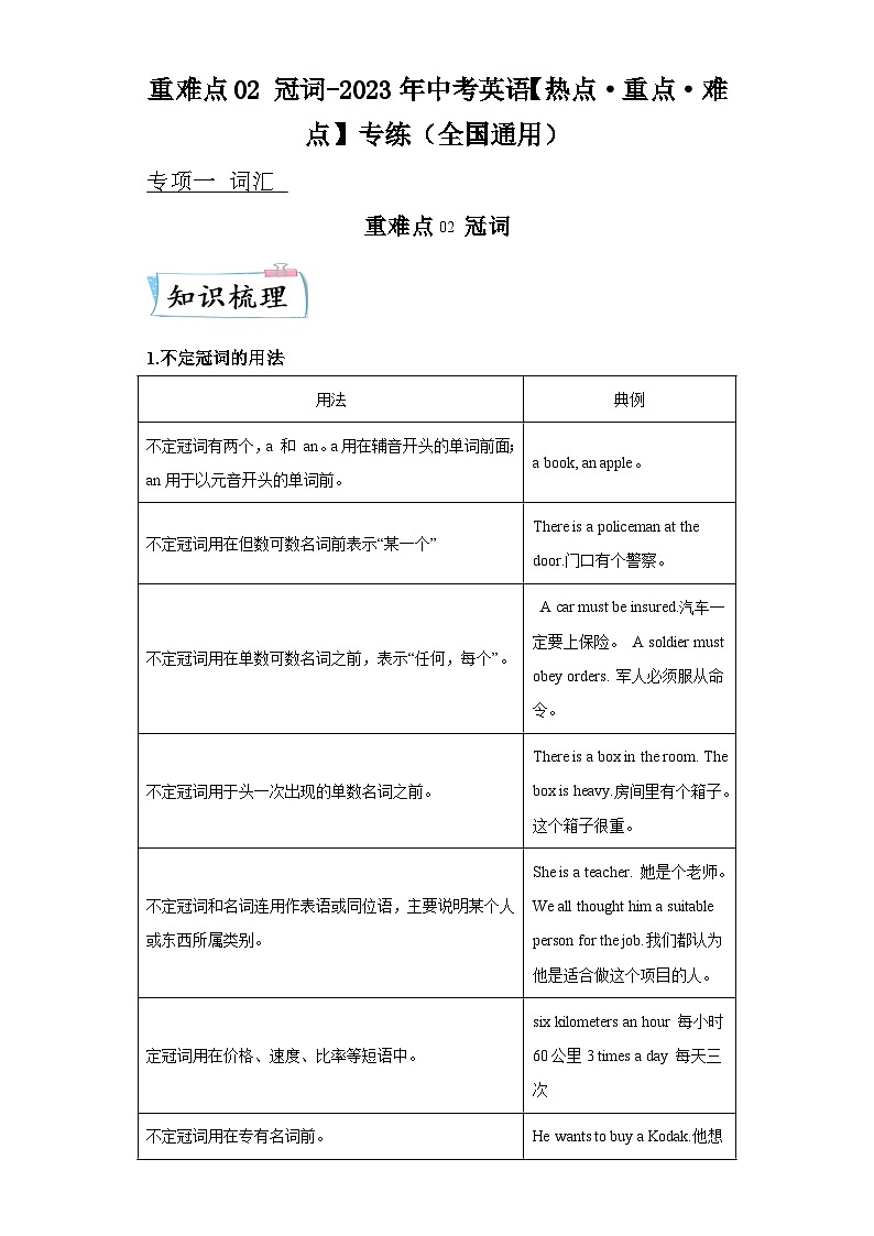 重难点02冠词-2023年中考英语【热点重点难点】专练(全国通用)第1页