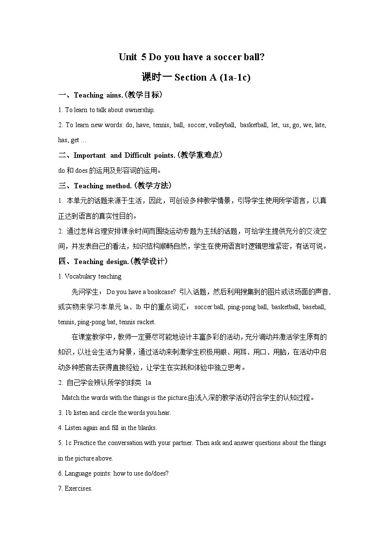 Unit 5Section A(1a-1c)教案 人教版七年级上册英语01