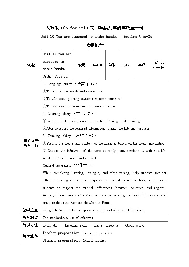 【核心素养目标】人教版初中英语九年级全册 Unit 10 You're supposed to shake hands Section A 2a-2d课件+教案+同步练习（含反思和答案）01