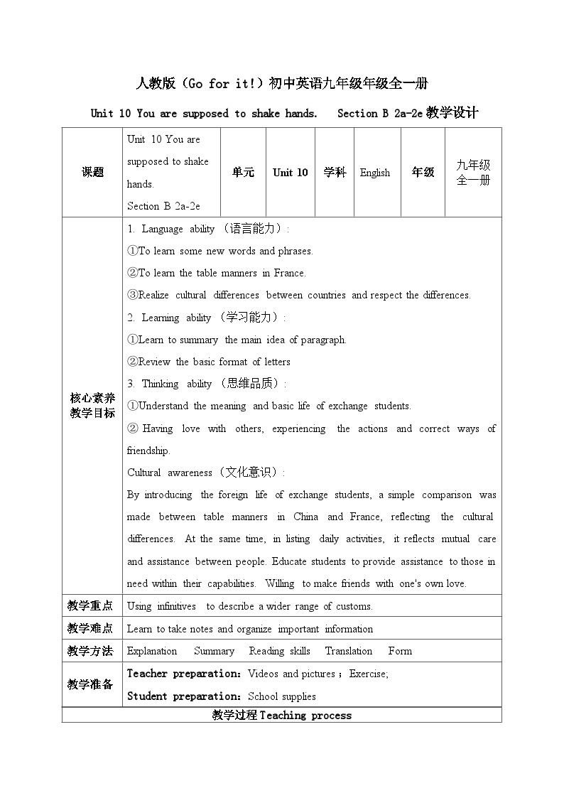 【核心素养目标】人教版初中英语九年级全册 Unit 10 You are supposed to shake hands Section B 2a-2e课件+教案+同步练习（含反思和答案）01