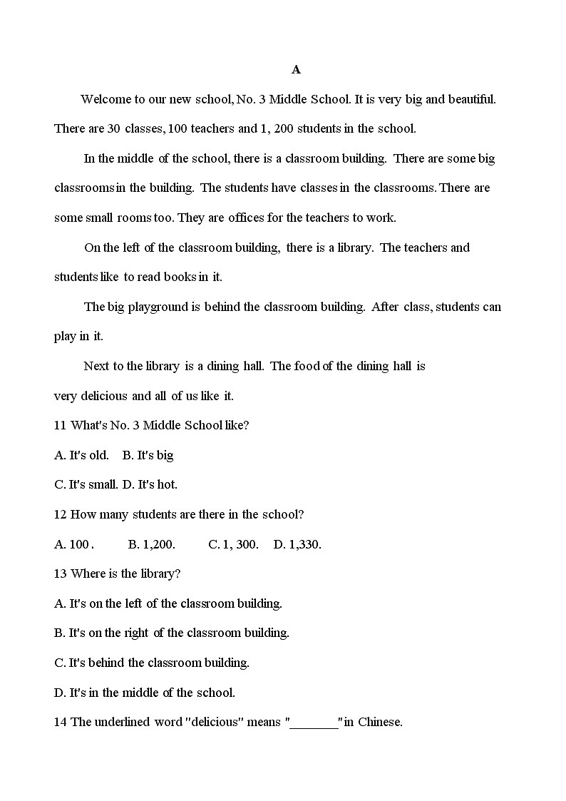 【期中单元测试】(外研版)2023-2024学年七年级英语上册 Module 3 My School (B卷)02